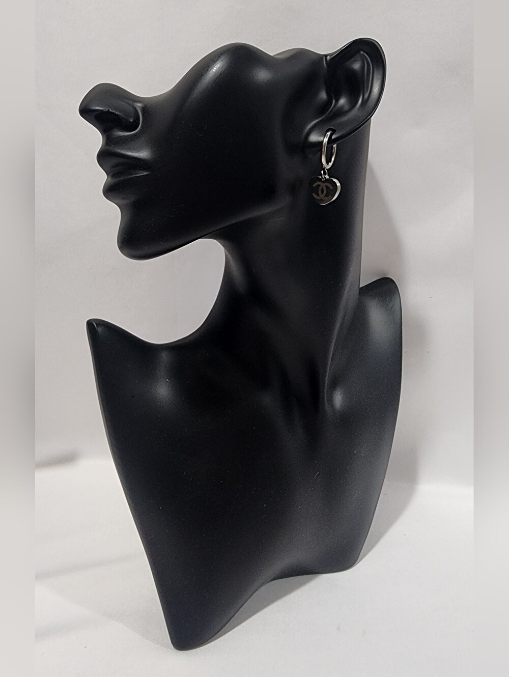 Laser Engraved Silver Huggie Hoop Earrings with Heart Interlocking CC Charms